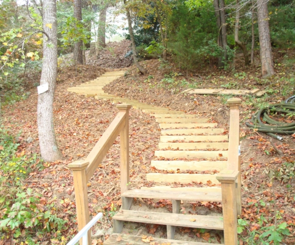 Lake Lanier wood shoreline steps installation