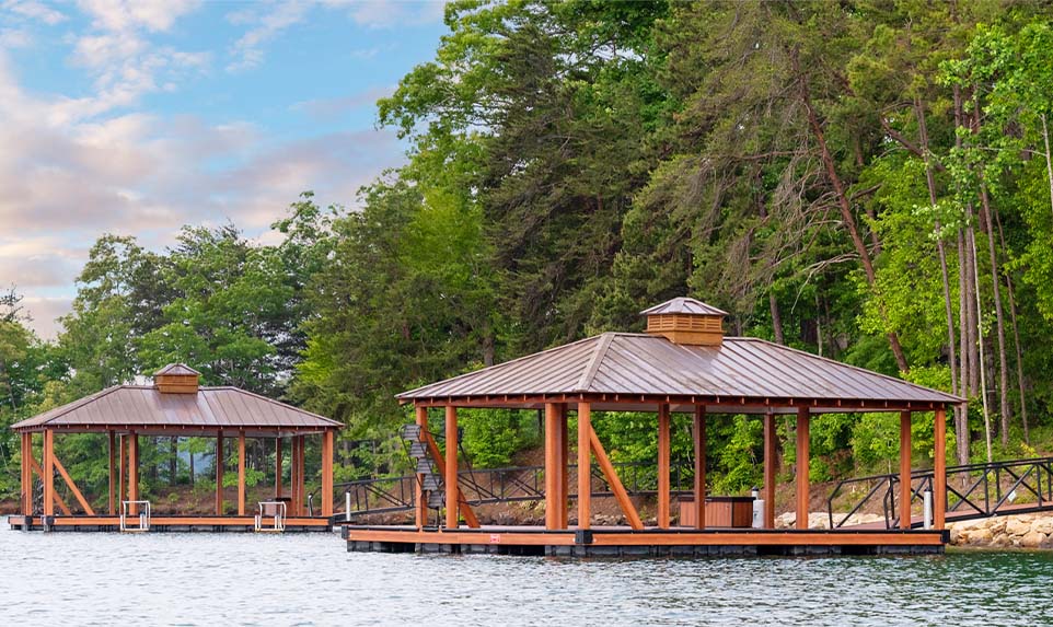 Covered boat docks maintained by Marine Specialties on Lake Lanier