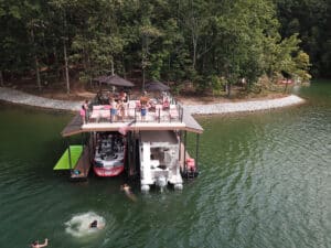 A floating boat dock with two spaces for boats and a rooftop deck - Gainesville Ga