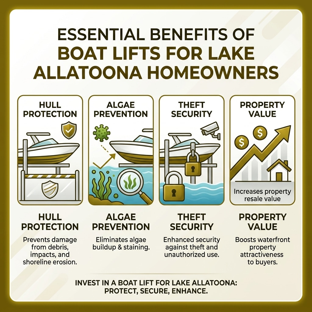 Infographic showing boat lift benefits for Lake Allatoona homeowners including hull protection, algae prevention, theft