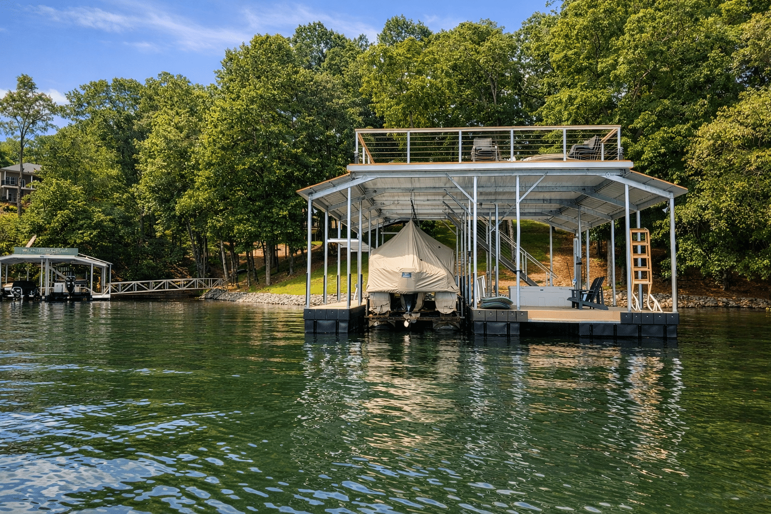 A floating boat dock with a space for one boat and a rooftop deck Gainesville Ga
